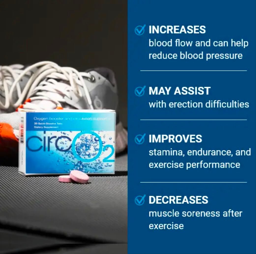 CircO2 quick-dissolve tablets next to running shoes, with key circulation and stamina benefits listed